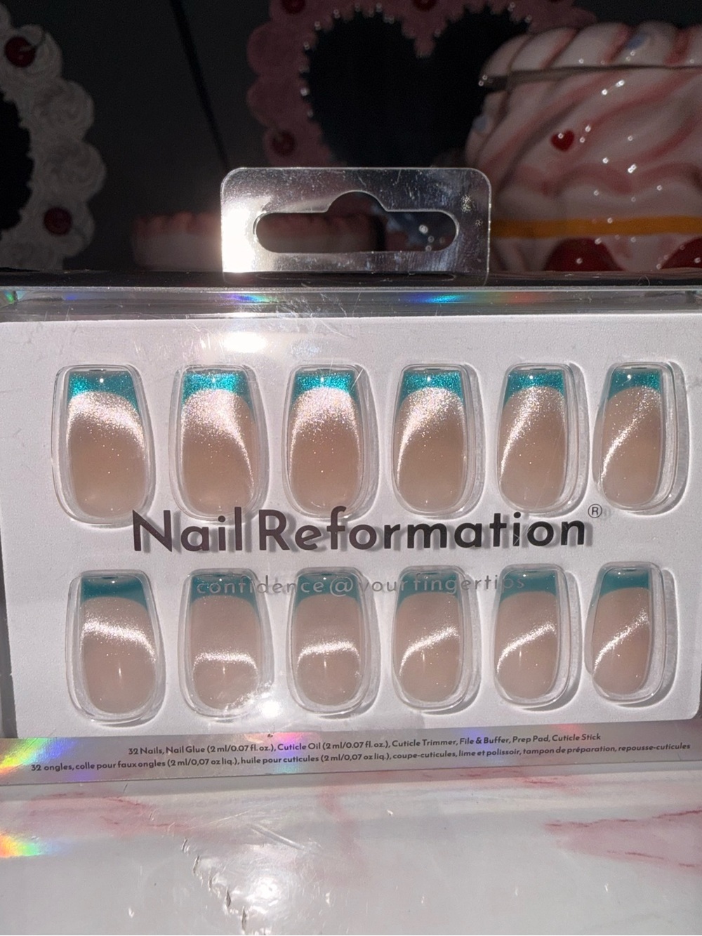 Nail Reformation Reflective Blue Tip Short Coffin Press Ons
